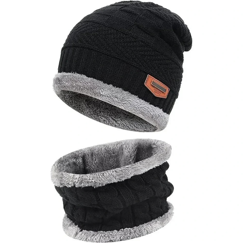 Kids Boys Girls Winter Warm  Knit Beanie Hat Cap Neck Scarf Set with Fleece